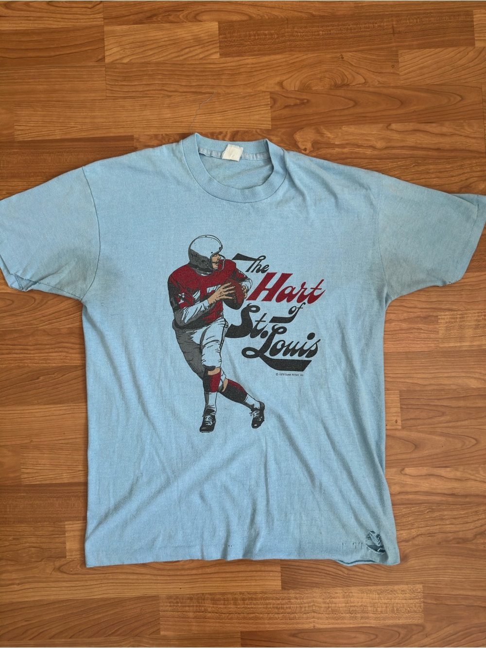 Vintage 70s Light Blue Graphic Football T-Shirt - The Hart of St. Louis